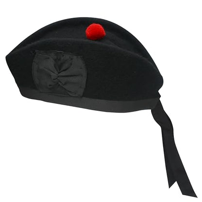 Glengarry Cap-Traditional Scottish Hat,100% Wool, Acrylic Wool Tartan,Kilts/Bagpipes Accessories,Polyester Cotton Ribbon - color: Plain Black Wool, size: 7