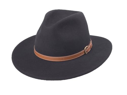 Bigalli Adventure Merino Wool Felt Fedora, for Men or Women, Crushable, Water-Resistant, UV Certified, Leather tirm | Outback - color: Black, size: X-Large