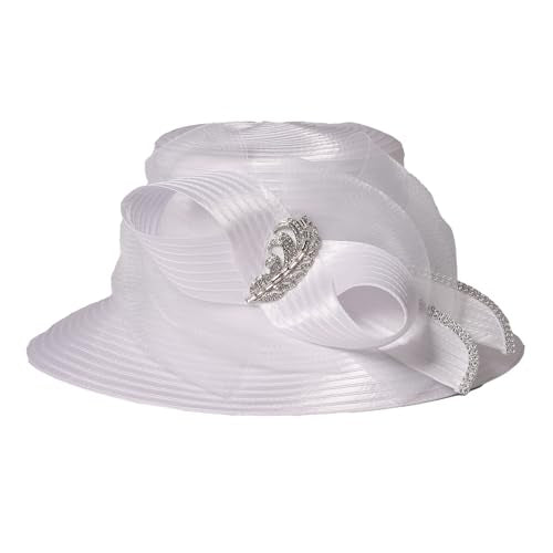 Women Derby Church Dress Fascinator Wide Brim Hats 1920s Vintage Tea Party Wedding Cloche Bowler Hats - color: White