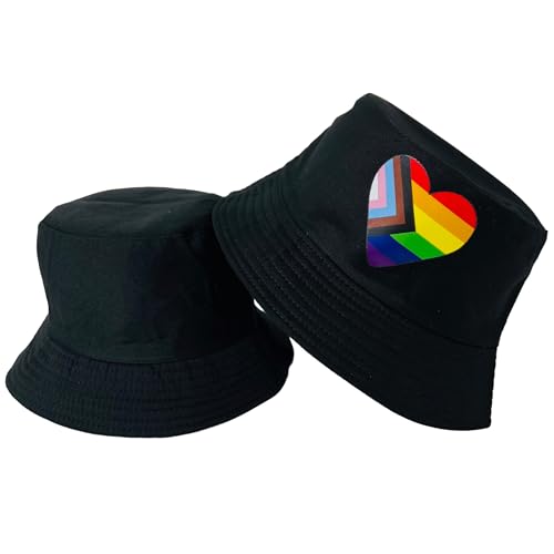 Pride Unisex Bucket Hat Reversible Double-Side-Wear Packable for Travel, Outdoors, and Beach - color: Black Progress Pride Heart