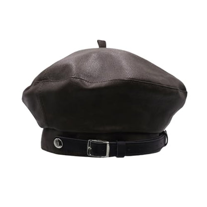 MINGSEECESS Women PU Leather French Black Beret Hat Causal Beanie Hat - color: Belt-light Brown