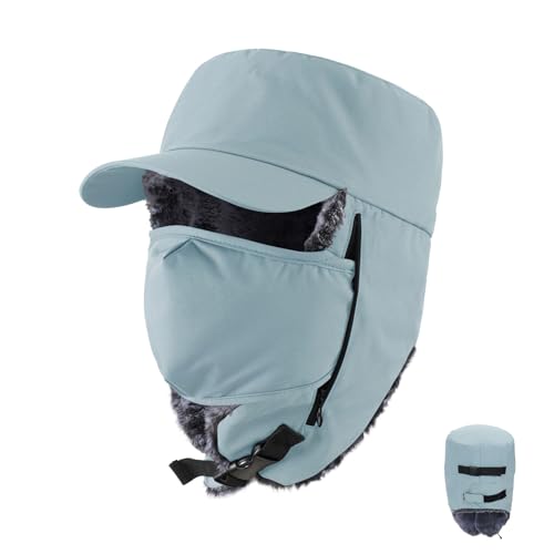 Trapper Hat Warm Faux Fur Winter Cap with Ear Flaps Windproof Waterproof Snow Ski Hats for Men Women Cold Weather - color: Blue Tint