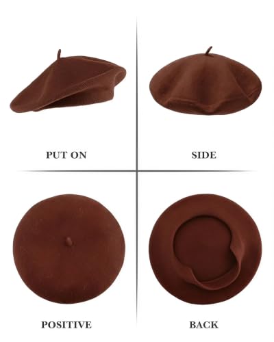 Wool French Beret Hats for Women Classic Winter Beanie Cap - color: Brown