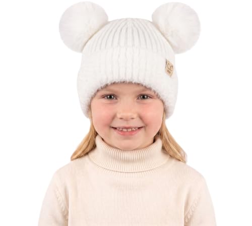 C.C Kids Ear Flap Fur Pom Beanie for Boys Girls - Comfortable Soft Warm Children Youth Knit Skully Hat with Faux Fur Pom - color: Double Pom - White