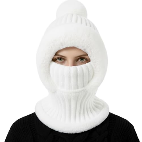 AQOKKA 3 in 1 Knit Fleece Lined Beanie Hat with Scarf and Mask Warm - color: White