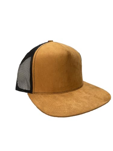 Ashen Fane Faux Suede Polyester Blend 5 Panel Classic Flat or Round Visor Adjustable Snapback Mesh Back Trucker Hat - color: Flat - Brown