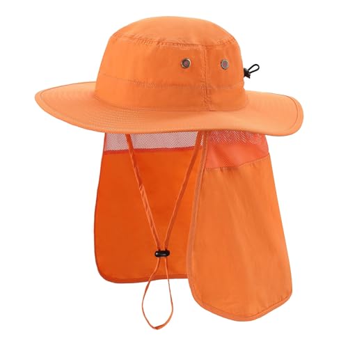 Home Prefer UPF50 Mens Sun Hat with Neck Flap Quick Dry UV Protection Cap Womens Wide Brim Fishing Hat Neck Flap Beach Garden - color: Orange