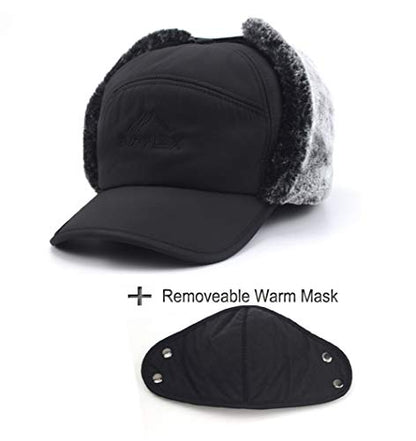 Mens Winter Thermal Trapper Hat Russian Ushanka Ski Hunting Dad Cap Ear Flaps Motorcycle Cycling Mask Women Warm Fur Snow Hat - color: Black, Solid