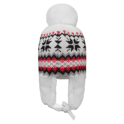IPENNY Women's Winter Faux Fur Lined Trapper Hat, Warm Knitted Beanie with Pom Pom & Earflaps, Warm Ski Cap for Cold Weather - color: White