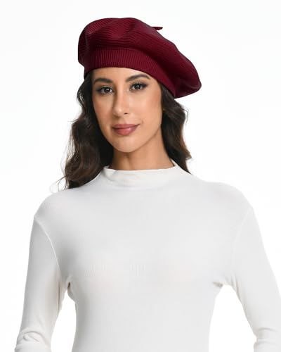 Cotton Knitted Women Beret Hat, French Style Solid Color Beret, Winter Autumn Warm and Soft Beanie Hat - color: Wine Red