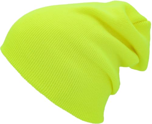 KBETHOS Made in USA Classic Men's Women's Cuffed Folded Acrylic Knit Beanie Hat Solid Unisex Cold - color: Neon Yellow Solid Long Beanie