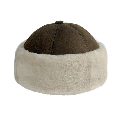 Lukkizara Winter Leather Hat Shearling Sheepskin Fur Beanie Hat - color: Brown, size: Medium