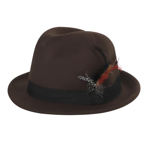 PURFUN Vintage Feather Felt Fedora Hat for Men Women Classic Short Brim Jazz Dance Party Wedding Trilby Bowler Panama Hat - color: Feather/Coffee