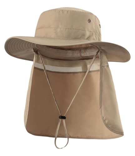 Home Prefer UPF50 Mens Sun Hat with Neck Flap Quick Dry UV Protection Cap Womens Wide Brim Fishing Hat Neck Flap Beach Garden - color: Dark Khaki