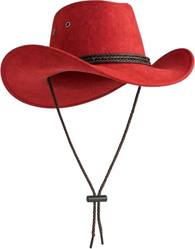 Classic Western Rolled-up Vegan Suede Cowboy Hat - color: Red