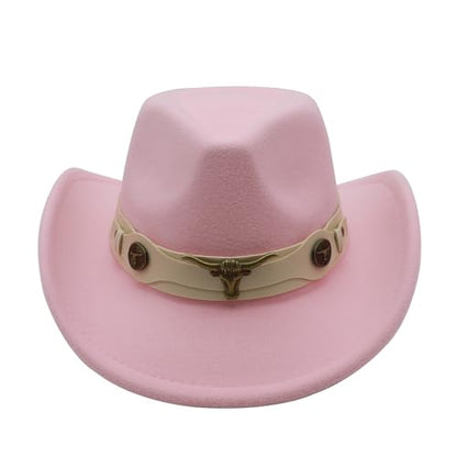 Western Cowboy Hat for Men Cowgirl Hat for Women Unisex Wide Brim Felt Fedora Hats Classic Cowboy Hats - color: Pink