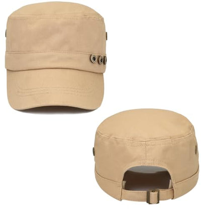 Initlove Cadet Army Cap Military Unisex Flat Top Hat for Men Women - color: 3 Button Beige