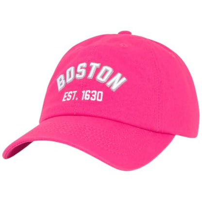 E BY ELIDAN Boston EST 1630 Dad Hat, Embroidered Cotton Baseball Cap - color: Hot Pink