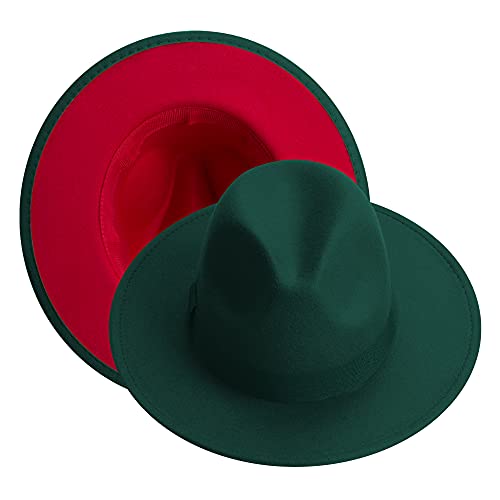 KUJUHA Fedora Hats for Mens/Womens Felt FedoraHats Two Tone Wide Brim Fedora Hats Rancher Hat - color: Deep Green&red, size: Large-X-Large