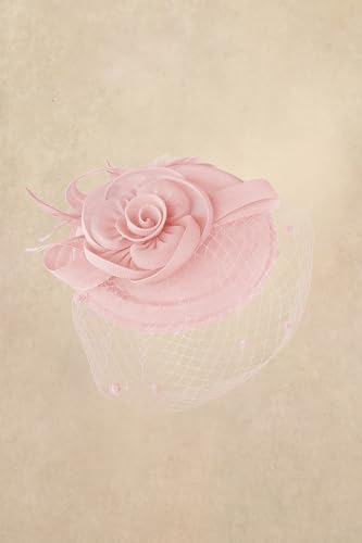 BABEYOND Fascinators Hats for Women Flower Veil Feather Pillbox Derby Hat - color: Light Pink