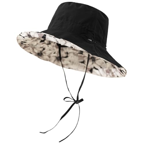 Reversible Floral Pattern Bucket Sun Hats for Women- UPF50+ UV Protection, Foldable Brim, Floppy Beach Hat for Hiking - color: Black
