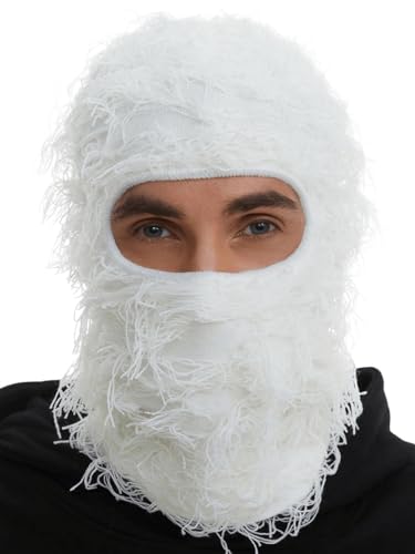 ROXUN Distressed Ski Mask Balaclava, Yeat Shiesty Fluffy Knitted Full Face - color: 01- Off White