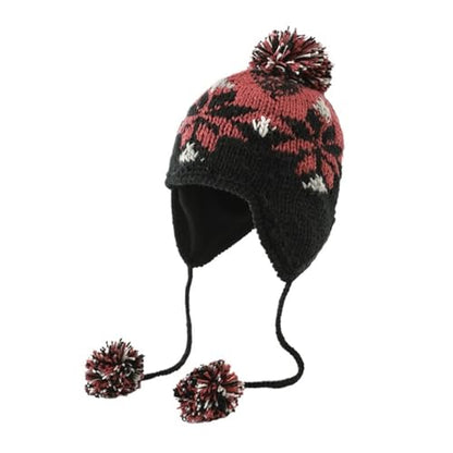 Women Cute Beanie Hat with Pom Warm Ski Snow Ear Flaps Snowflake Fair Isle Pattern Crochet Hats with Fleece Lined - color: Black