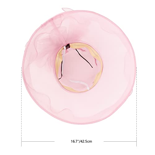 AQOKKA Women Organza Church Fascinators Kentucky Derby Hats for Women and Girls Wedding Flower Tea Party Hat with Wide Brim - color: Pink