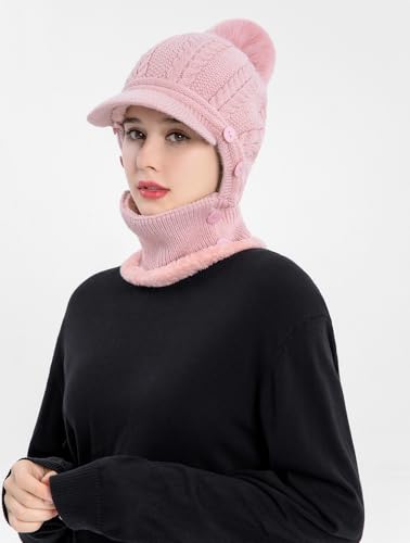 HUAMULAN Women Cable Knit Balaclavas Winter Fleece Lined Beanie Hat - color: Pink With Pompom