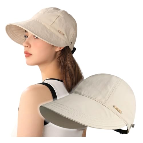 Women's Adjustable Ponytail Sun Hat, Wide Brim Summer Protection Cap - color: Beige