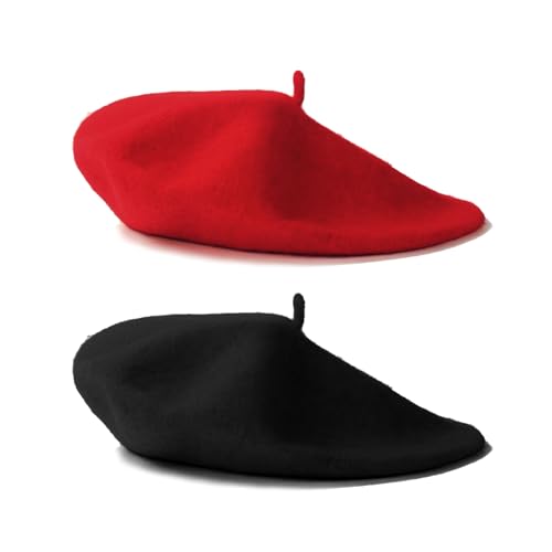 2 Pieces Beret Hat Women French Wool Beret Solid Color Beret Cap - color: Black+red
