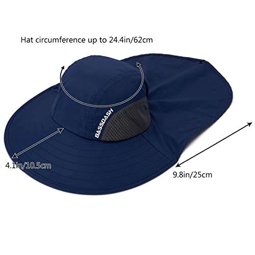 BASSDASH UPF 50+ Unisex Water Resistant Wide Brim Sun Hat with Large Neck Flap Ponytail Fishing Hat for Men Women - color: Dark Blue