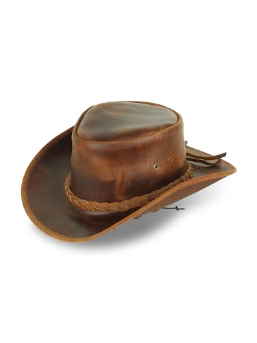 Genuine Leather Cowboy Hat for Men & Women – Western Outback Hat with Chin Strap & Sun Protection - color: Brown, size: X-Large