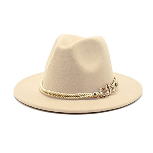 Lady Wide Brim Felt Fedora Panama Hat with Ring Belt - color: Light Sand, size: Medium
