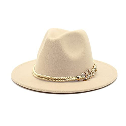 Lady Wide Brim Felt Fedora Panama Hat with Ring Belt - color: Light Sand, size: Medium