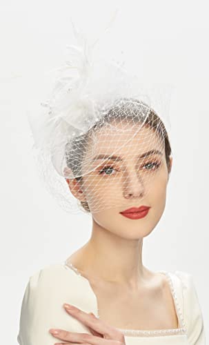 Kentucky Derby Fascinators for Women High Tea Party Hat Wedding Cocktail Flower Headware with Mesh and Feathers - color: A-white