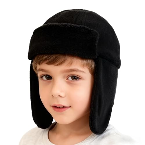 Toddler Trapper Hat with Earflap for Cold Weather Fleece Lined Kids Winter Aviator Hat for Boys Girls - color: Black, size: 1-2T