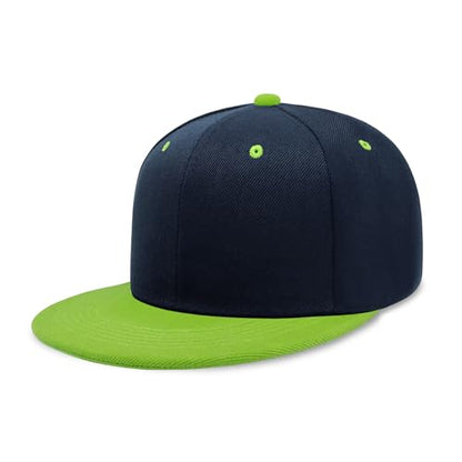 CHOK.LIDS Classic Snapback Flat Bill Hat Blank Adjustable Baseball Cap - color: Navy/Lime