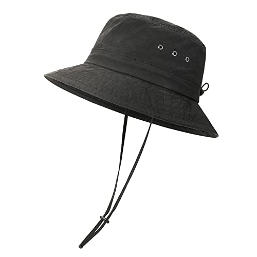 VOBOOM Men Cotton Washed Bucket Hat Packable Boonie Sun Protection Visor Cap - color: Black