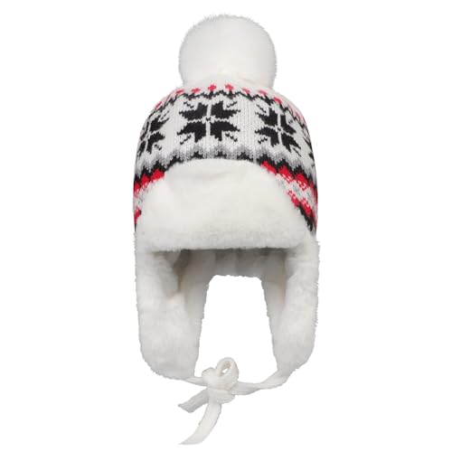 IPENNY Women's Winter Faux Fur Lined Trapper Hat, Warm Knitted Beanie with Pom Pom & Earflaps, Warm Ski Cap for Cold Weather - color: White