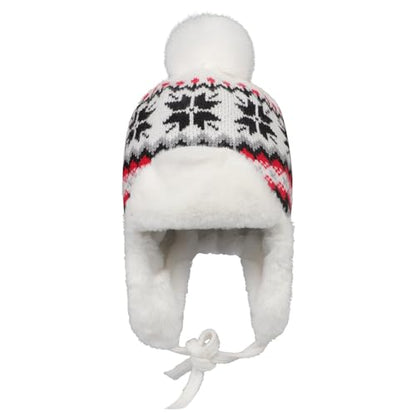 IPENNY Women's Winter Faux Fur Lined Trapper Hat, Warm Knitted Beanie with Pom Pom & Earflaps, Warm Ski Cap for Cold Weather - color: White