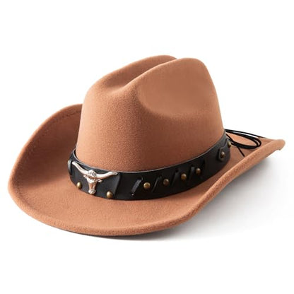 Lanzom Cowboy Hat for Women and Men with Shapeable Wide Brim Felt Western Hats for Cowboys and Cowgirls - color: Khaki