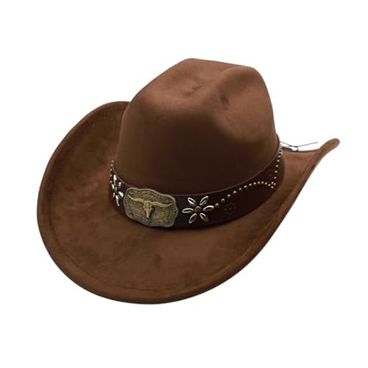 Western Cowboy Hat for Men Cowgirl Hat for Women Wide Brim Felt Fedora Hats Classic Cowboyhat with Buckle Belt - color: Coffee