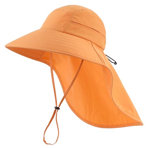 Home Prefer UPF 80+ Sun Hat for Men Women Wide Brim Sun Hat with Neck Flap Summer Beach UV Protection Gardening Fishing Hat - color: Muskmelon Orange