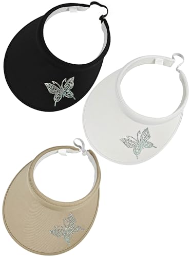 3 Pack Sun Visor Hat Women Shiny Rhinestones Bling Clip On Visors - color: Hd-white, Black, Khaki
