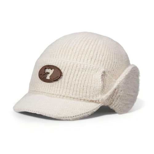 CLAPE Cozy Head Beanies with Brim, Small Billed Beanie for Cold Weather Mens Winter Warm Knit Hat with Ear Flaps - color: Kh25d18-beige