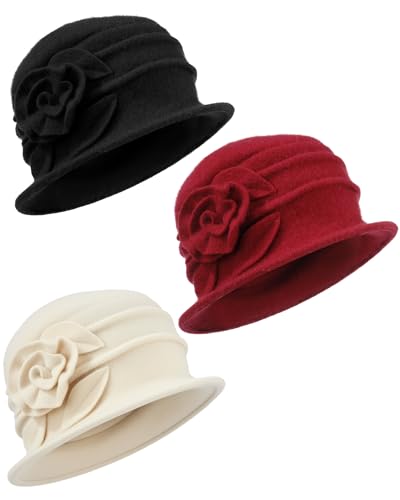 3 Pcs Church Hat for Women Cloche Bucket Winter Beret Hat French 3D Floral Wool Fleece Winter Cap Headgear, 56-58cm - color: Black White Dark Red