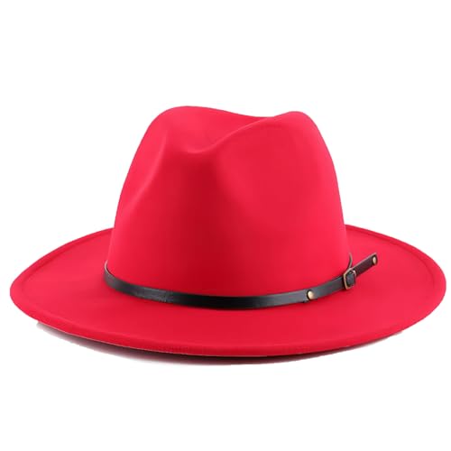 Unisex Adjustable Belt Buckle Wide Brim Fedora Hat, Felt Panama Hat for Men Women Formal Casual Wear - color: Red