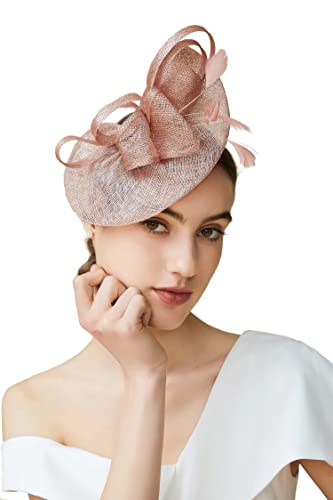 BABEYOND Fascinators Hats for Women Tea Party Glitter Pillbox Hat Derby Hat - color: B-nude Pink