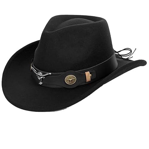 IZUS Women Sparkly-Rhinestone Western-Cowgirl-Hat Glitter-Bling Cowboy-Hat Felt-Rodeo-Hat for Disco-Party Medium/Large - color: Black-s3 Black Bull Strap